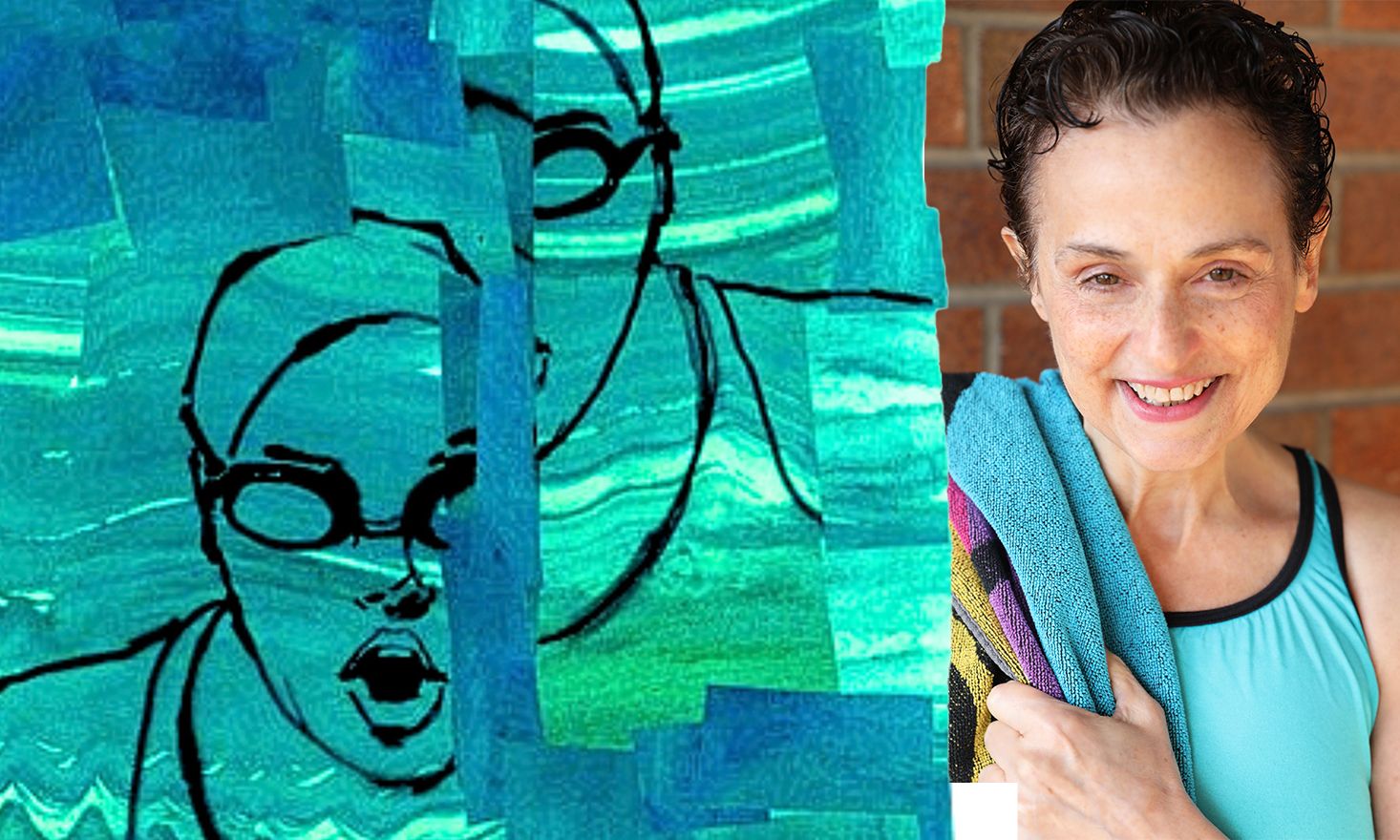 stylistic image of woman swimming under water, and photo of writer and performer Julie Ridge