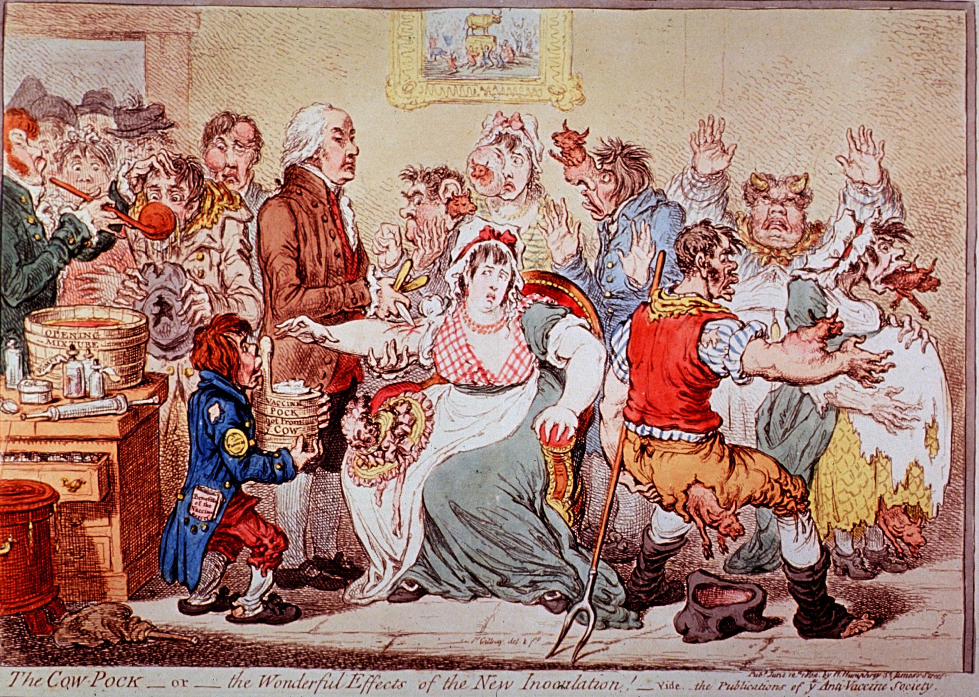 A cartoon depicting several people having adverse reactions, like having cows growing out of their body, after receiving a vaccination.