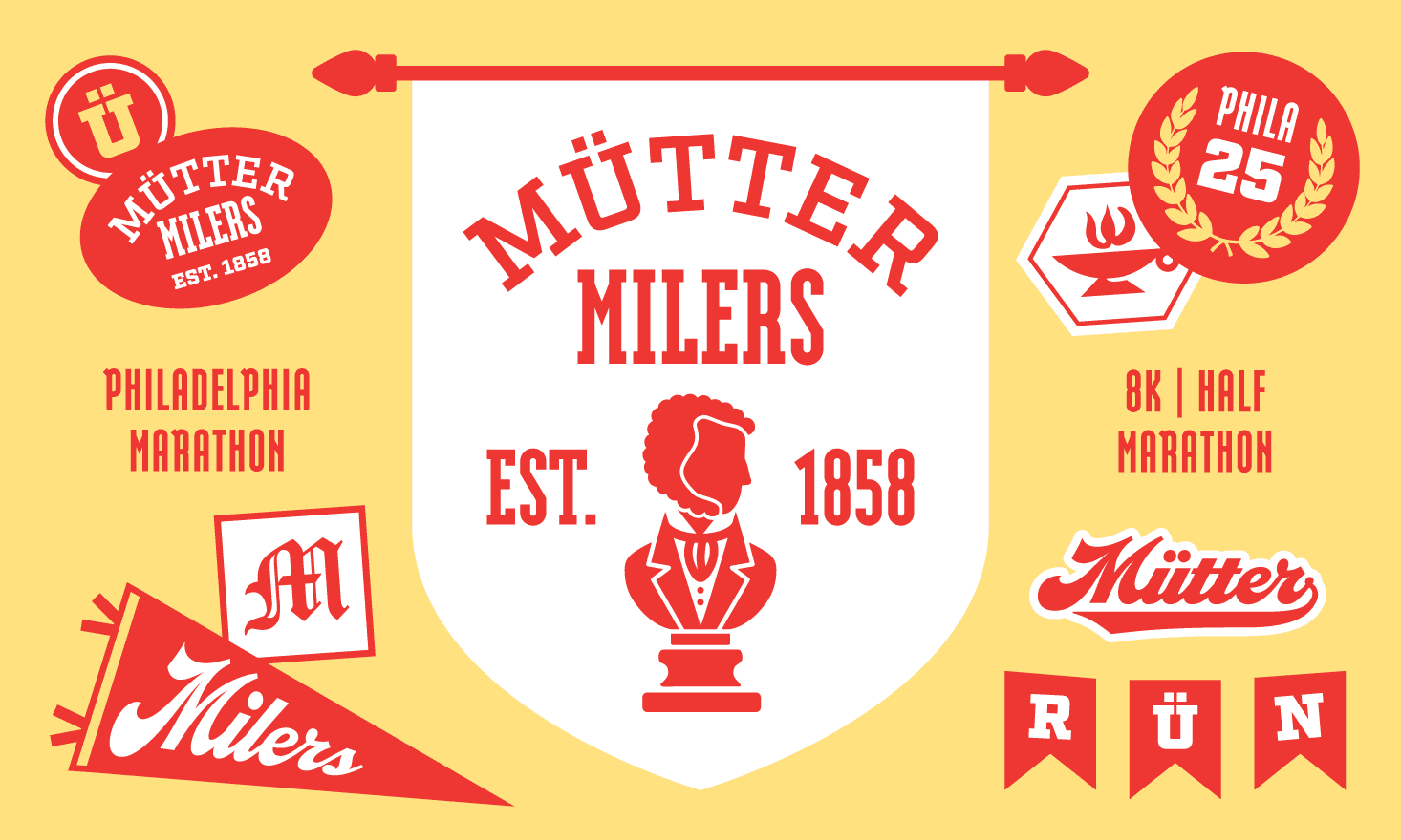 Assortment of red and white graphics with text that say "RUN" "Mütter Milers Est. 1858" "Phila Marathon" "Milers" "'25"