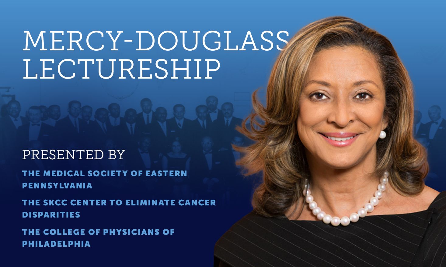 Blue background with a woman in the foreground and text reading "Mercy-Douglass Lectureship"
