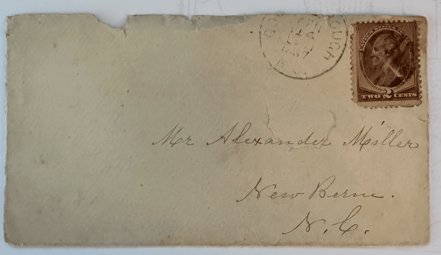 The front of an envelope is shown. It is addressed to Mister Alexander Miller in New Bern North Carolina. The cancel stamp is worn. The stamp is old as well and features a profile of George Washington with the two-cent marking on it.