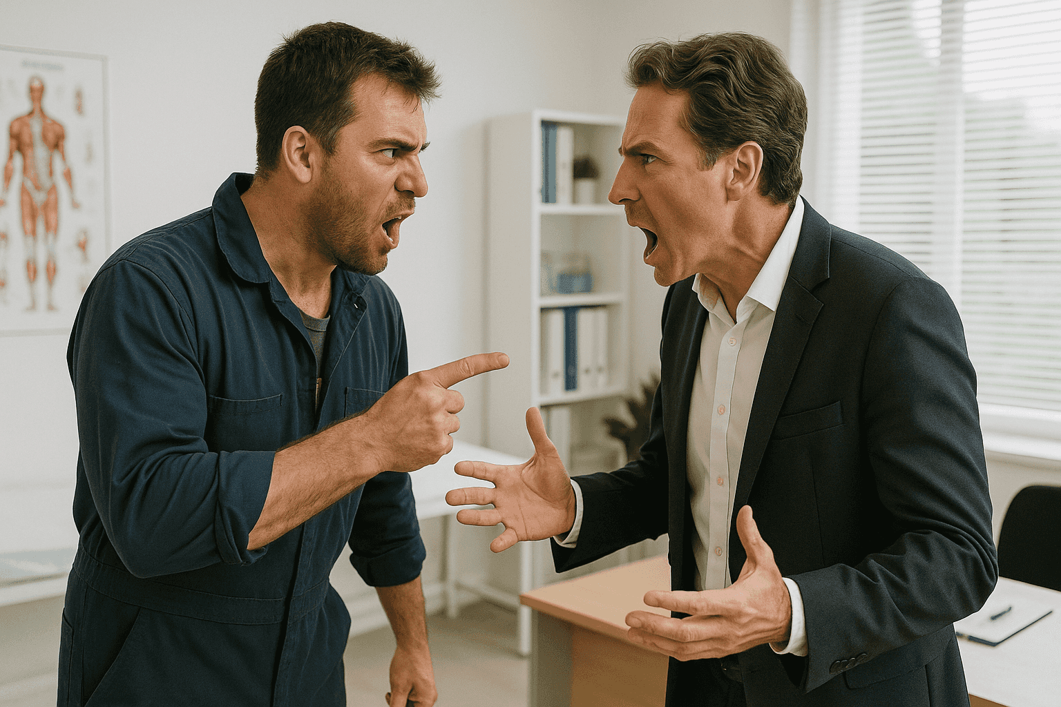 Two light-skinned people are in a heated argument inside a bright doctor's office. One is wearing dark blue coveralls and has short, tousled hair, pointing a finger while speaking intensely. The other is dressed in a white shirt and dark blazer, gesturing with both hands and appearing equally upset. Behind them are a desk, a bookshelf with binders, a leafy plant, and a window with blinds letting in daylight.