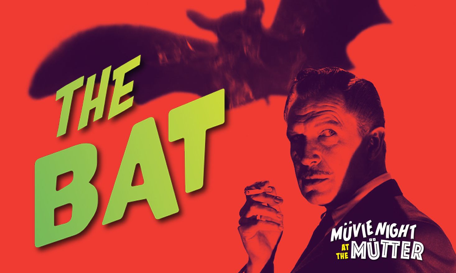 Red image of a man in a suit with a bat flying in the background with green text that reads "The Bat"